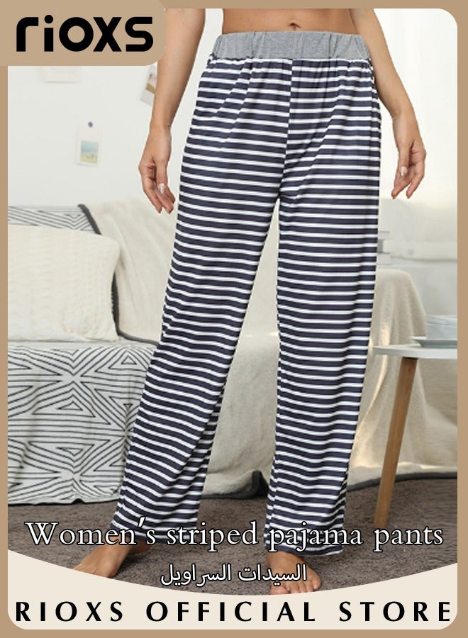 RIOXS Women's Casual Wide Leg Loose Pants Comfort Printed Elastic Waist Stretch Trousers With Pockets  - Image 2