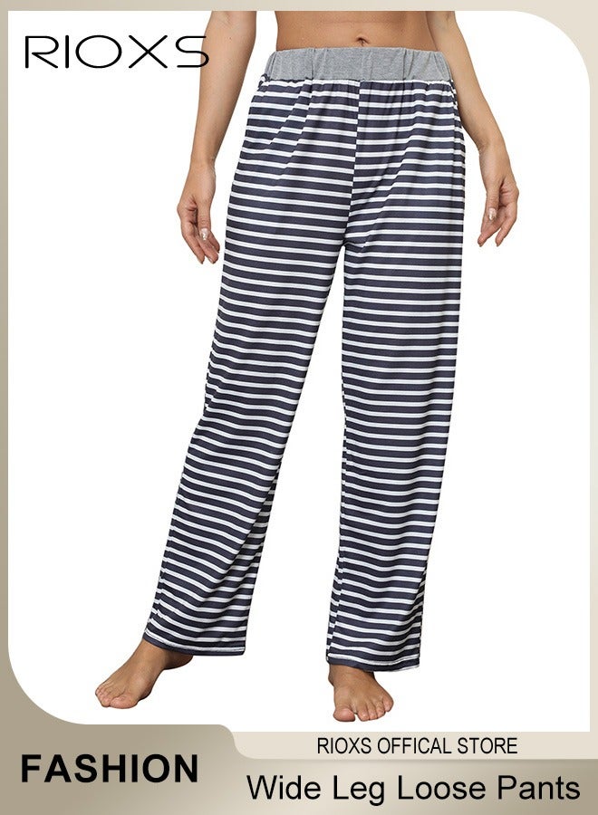 RIOXS Women's Casual Wide Leg Loose Pants Comfort Printed Elastic Waist Stretch Trousers With Pockets  - Image 1