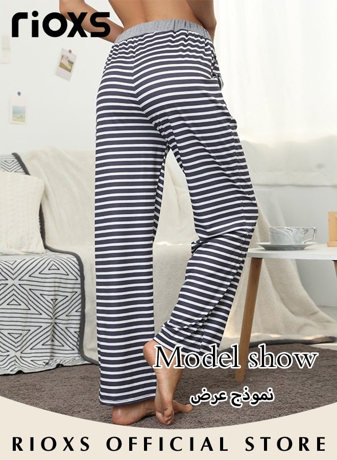 RIOXS Women's Casual Wide Leg Loose Pants Comfort Printed Elastic Waist Stretch Trousers With Pockets  - Image 4