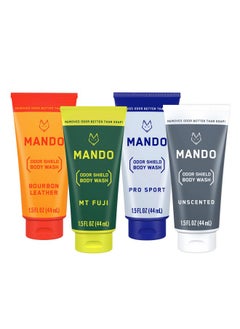 Mando Mini Body Wash - 24 Hour Odor Control - Removes Odor Better Than Soap - 1.5 Ounce Tubes (Pack Of 4, In 4 Scents: Bourbon Leather, Pro Sport, Mt Fuji, Unscented)  - Image 1