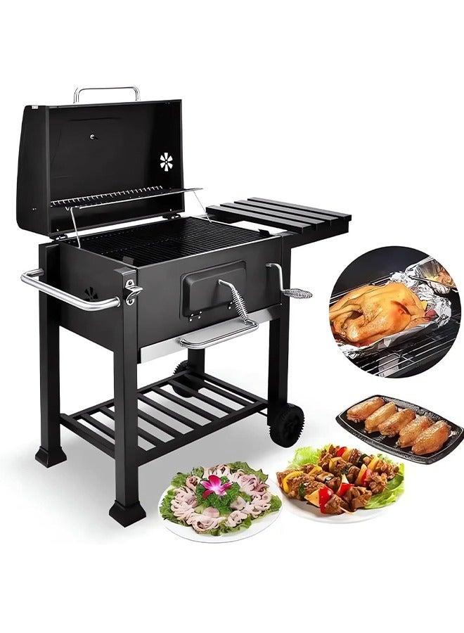 ALongDeng Barbecue Grill for BBQ Garden Camping Balcony Charcoal Grill Charcoal Grill Trolley Charcoal Tray Height Adjustable with Wheels Bottle Opener Stand Grill Black - Image 1
