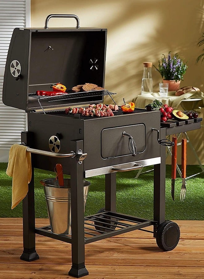 ALongDeng Barbecue Grill for BBQ Garden Camping Balcony Charcoal Grill Charcoal Grill Trolley Charcoal Tray Height Adjustable with Wheels Bottle Opener Stand Grill Black - Image 2