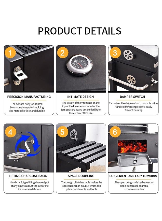 ALongDeng Barbecue Grill for BBQ Garden Camping Balcony Charcoal Grill Charcoal Grill Trolley Charcoal Tray Height Adjustable with Wheels Bottle Opener Stand Grill Black - Image 3