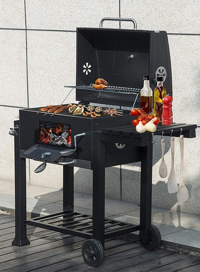 ALongDeng Barbecue Grill for BBQ Garden Camping Balcony Charcoal Grill Charcoal Grill Trolley Charcoal Tray Height Adjustable with Wheels Bottle Opener Stand Grill Black - Image 5