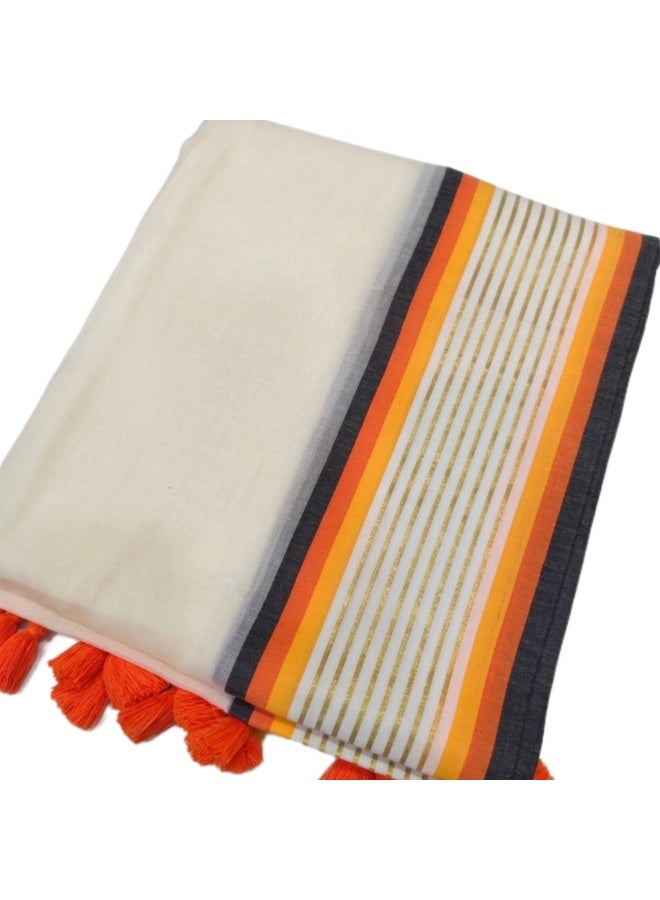 Anaya By Shalu Women's Mul Cotton Saree with Striped Design and Tassels - Image 1