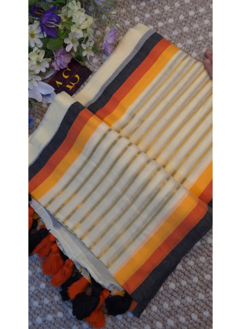 Anaya By Shalu Women's Mul Cotton Saree with Striped Design and Tassels - Image 2