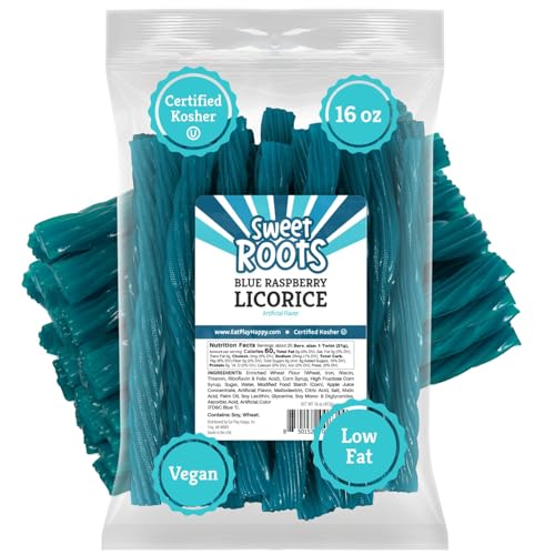 Happy Bites Sweet Roots Blue Raspberry Licorice Twists – 1 Bag (16 oz) – Jumbo Size Licorice Sticks | Made with Real Fruit Juice Concentrate | Vegan, Fat Free, Kosher | Soft Gourmet Licorice Candy - Image 1