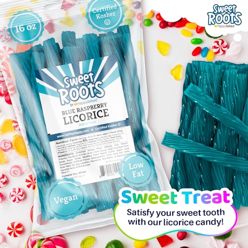 Happy Bites Sweet Roots Blue Raspberry Licorice Twists – 1 Bag (16 oz) – Jumbo Size Licorice Sticks | Made with Real Fruit Juice Concentrate | Vegan, Fat Free, Kosher | Soft Gourmet Licorice Candy - Image 4