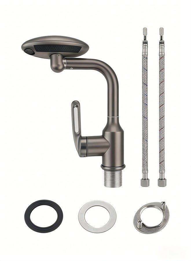 Bathroom Sink Faucet 1 Hole, Gunmetal Grey Multifunctional Basin Faucet with 4 Water Outlet Modes, Modern 360°Rotatable Bar Tap with Two Water Supply Pipes - Image 1
