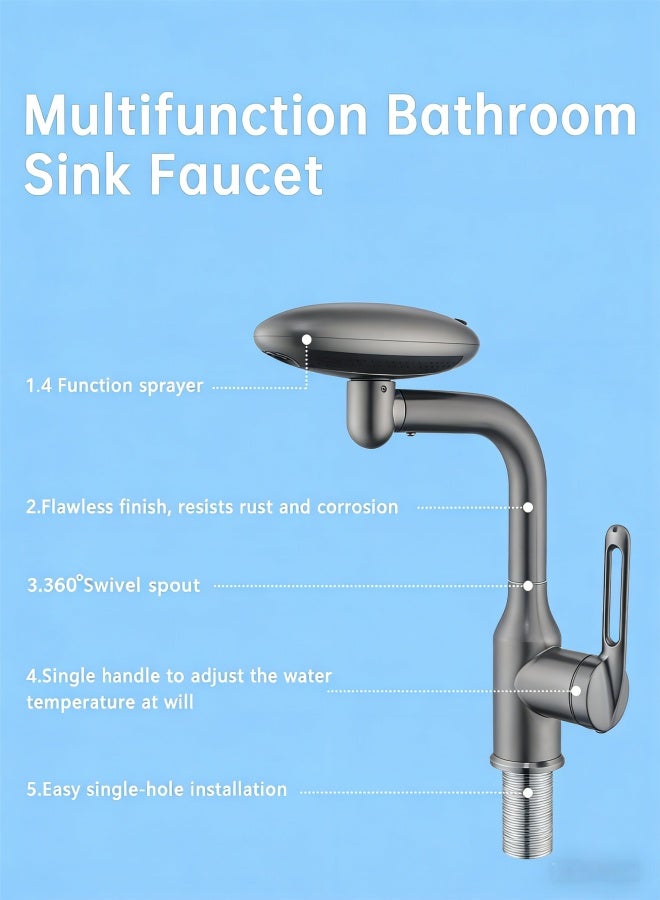 Bathroom Sink Faucet 1 Hole, Gunmetal Grey Multifunctional Basin Faucet with 4 Water Outlet Modes, Modern 360°Rotatable Bar Tap with Two Water Supply Pipes - Image 4