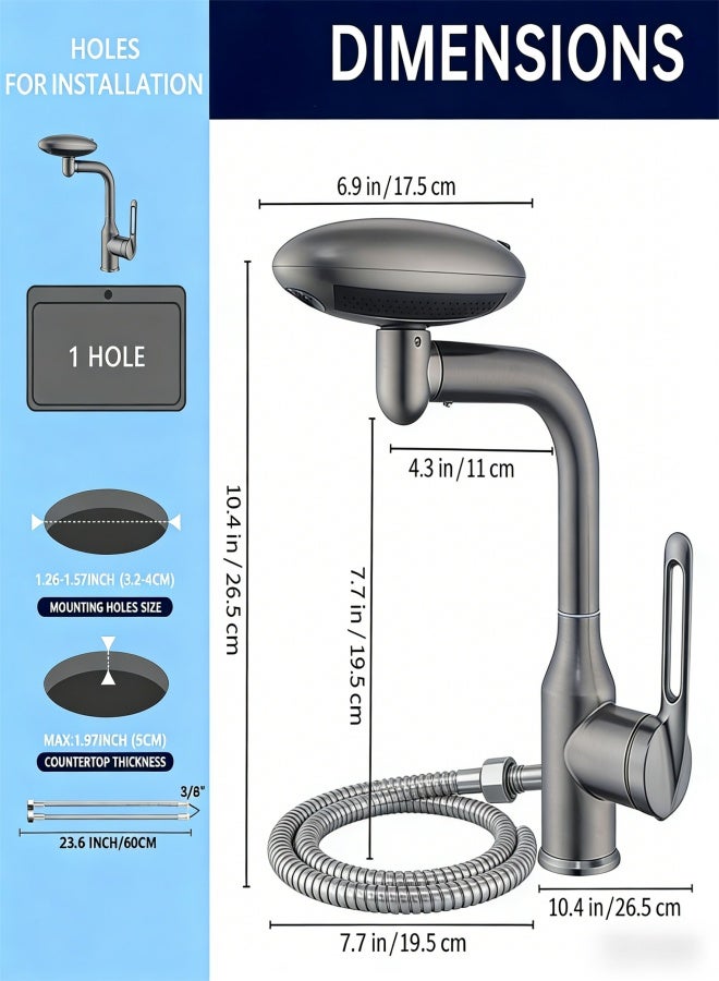 Bathroom Sink Faucet 1 Hole, Gunmetal Grey Multifunctional Basin Faucet with 4 Water Outlet Modes, Modern 360°Rotatable Bar Tap with Two Water Supply Pipes - Image 3