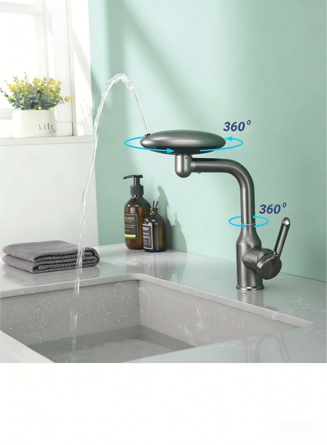 Bathroom Sink Faucet 1 Hole, Gunmetal Grey Multifunctional Basin Faucet with 4 Water Outlet Modes, Modern 360°Rotatable Bar Tap with Two Water Supply Pipes - Image 5