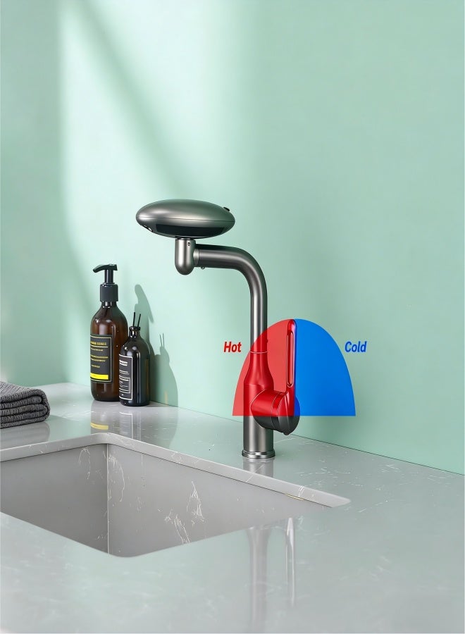 Bathroom Sink Faucet 1 Hole, Gunmetal Grey Multifunctional Basin Faucet with 4 Water Outlet Modes, Modern 360°Rotatable Bar Tap with Two Water Supply Pipes - Image 2