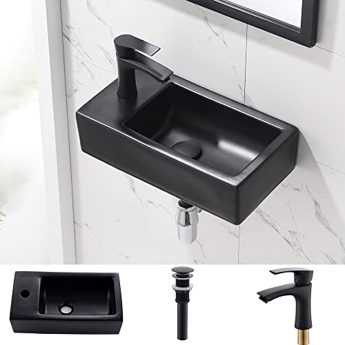 Bokaiya Corner Bathroom Sink with Faucet-Bokaiya 18 Inch Small Wall Mount Bathroom Sink Narrow Space Matte Black Porcelain Ceramic Cloakroom Mini Vanity Vessel Sink, Left Hand - Image 1