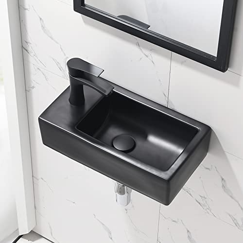 Bokaiya Corner Bathroom Sink with Faucet-Bokaiya 18 Inch Small Wall Mount Bathroom Sink Narrow Space Matte Black Porcelain Ceramic Cloakroom Mini Vanity Vessel Sink, Left Hand - Image 4