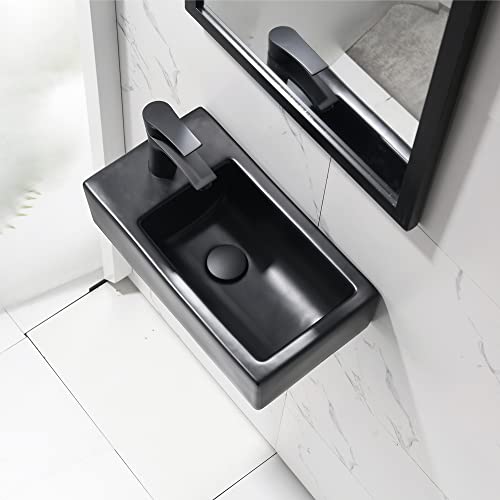 Bokaiya Corner Bathroom Sink with Faucet-Bokaiya 18 Inch Small Wall Mount Bathroom Sink Narrow Space Matte Black Porcelain Ceramic Cloakroom Mini Vanity Vessel Sink, Left Hand - Image 2