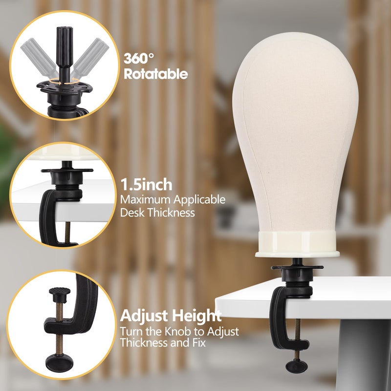 Klvied Wig Mannequin Stand for Desktop, Dual-use 22 Inch Canvas Wig Head Display, Adjustable Clamp Wig Holder, Manikin Head Stand Set for Cosmetology Hairdressing Training with Carrying Case - Image 3