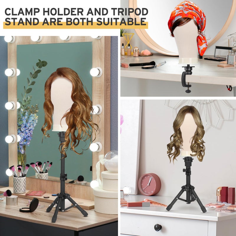 Klvied Wig Mannequin Stand for Desktop, Dual-use 22 Inch Canvas Wig Head Display, Adjustable Clamp Wig Holder, Manikin Head Stand Set for Cosmetology Hairdressing Training with Carrying Case - Image 2
