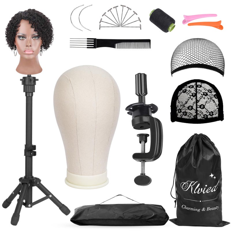 Klvied Wig Mannequin Stand for Desktop, Dual-use 22 Inch Canvas Wig Head Display, Adjustable Clamp Wig Holder, Manikin Head Stand Set for Cosmetology Hairdressing Training with Carrying Case - Image 1
