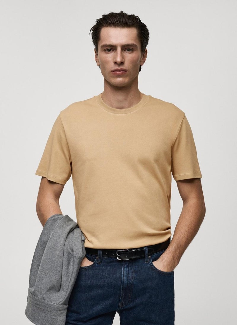 Mango Man Round Neck Ribbed Finish Short Sleeve T-Shirt  - Image 1