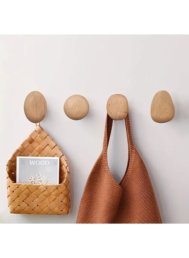 4 قطع خطافات حائط خشبية طبيعية على شكل حصاة، خطافات جدارية ريفية معلقة للمعاطف والحقائب والمناشف، تركيب سهل، ديكور منزلي ريفي - Image 1