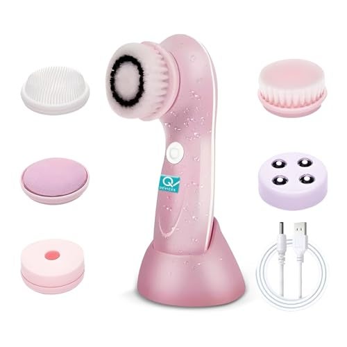 Q DEVICES 6-In-1 Facial Cleansing Brush & Massager – Waterproof,Rechargeable Spin Brush Set With 6 Heads For Deep Cleansing,Exfoliation & Relaxing Face Massage – Pink - Image 1