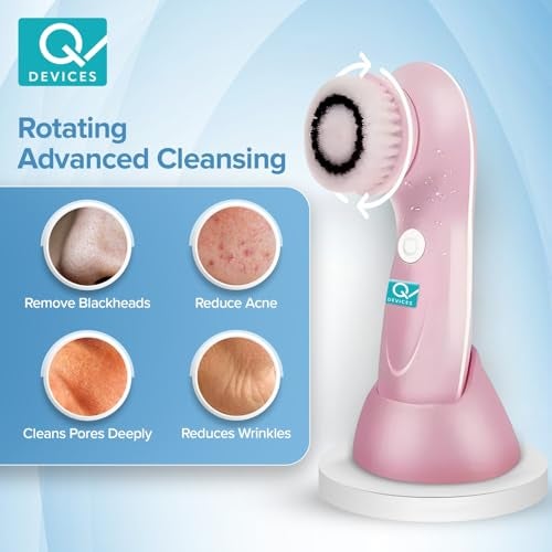 Q DEVICES 6-In-1 Facial Cleansing Brush & Massager – Waterproof,Rechargeable Spin Brush Set With 6 Heads For Deep Cleansing,Exfoliation & Relaxing Face Massage – Pink - Image 2