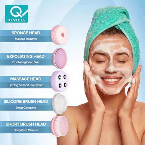 Q DEVICES 6-In-1 Facial Cleansing Brush & Massager – Waterproof,Rechargeable Spin Brush Set With 6 Heads For Deep Cleansing,Exfoliation & Relaxing Face Massage – Pink - Image 3