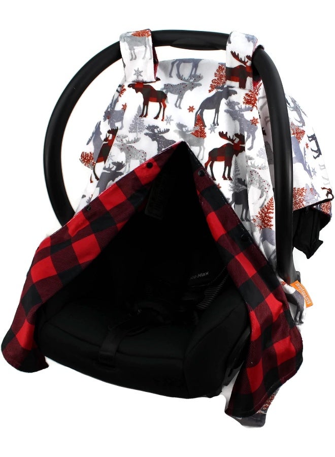 Dear Baby Gear Car Seat Canopy - Unisex Infant Car Seat Cover - Soft and Breathable Fabric - Fits Most Car Seats - Winter Moose/Red Black Plaid 40"x30" - Image 1
