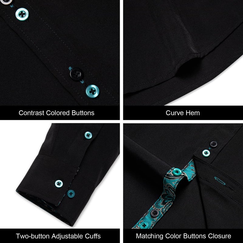 DiBanGu Men's Dress Shirt Long Sleeve Casual Button Down Shirts Regular Fit Inner Contrast Shirt for Business Party, Black and Turquoise, X-Large - Image 4