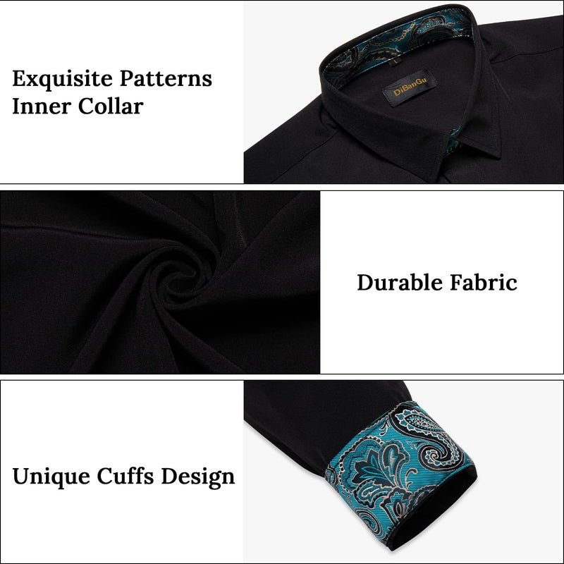 DiBanGu Men's Dress Shirt Long Sleeve Casual Button Down Shirts Regular Fit Inner Contrast Shirt for Business Party, Black and Turquoise, X-Large - Image 5