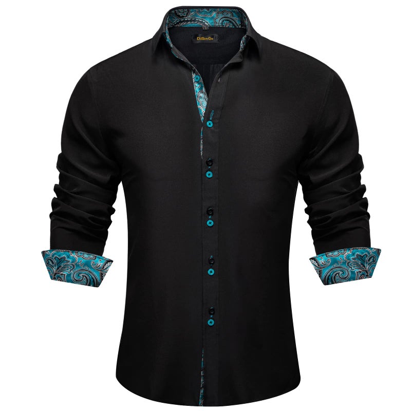 DiBanGu Men's Dress Shirt Long Sleeve Casual Button Down Shirts Regular Fit Inner Contrast Shirt for Business Party, Black and Turquoise, X-Large - Image 1