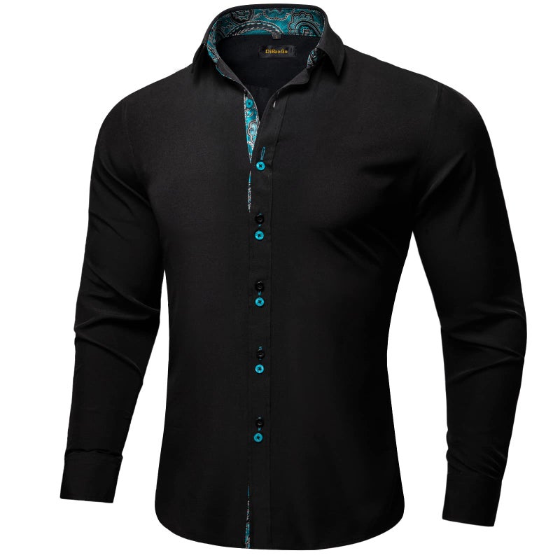 DiBanGu Men's Dress Shirt Long Sleeve Casual Button Down Shirts Regular Fit Inner Contrast Shirt for Business Party, Black and Turquoise, X-Large - Image 2