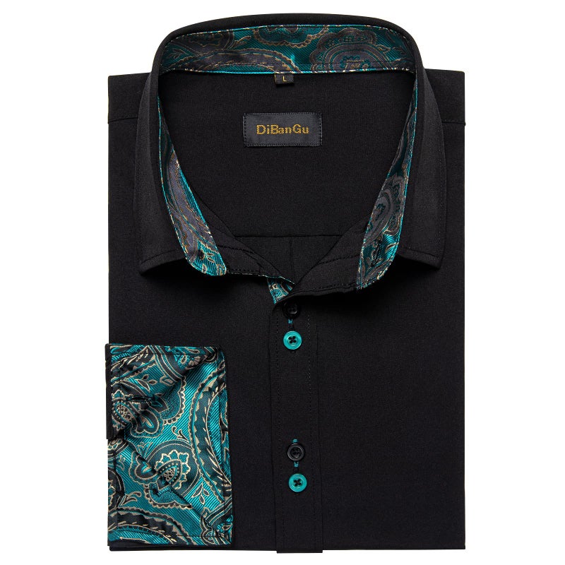 DiBanGu Men's Dress Shirt Long Sleeve Casual Button Down Shirts Regular Fit Inner Contrast Shirt for Business Party, Black and Turquoise, X-Large - Image 3
