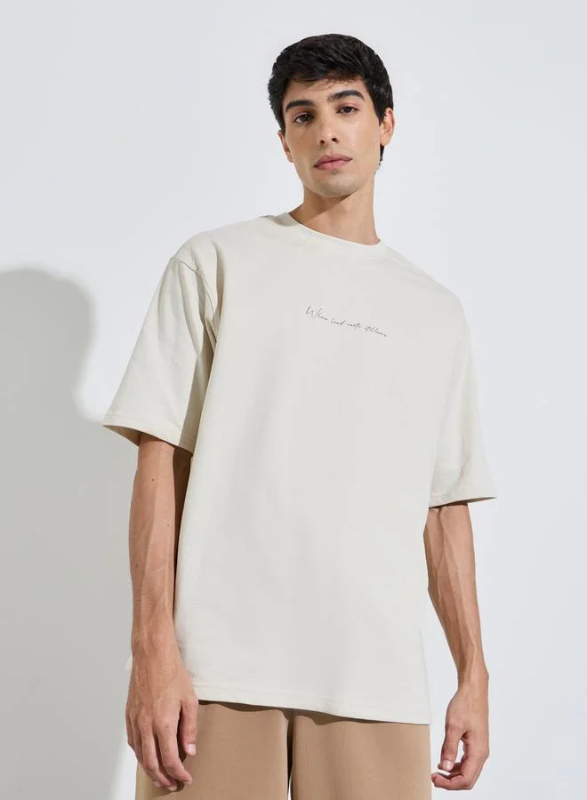 Styli  Grey Graphic Print Crew Neck Oversized T-Shirt for Men | Best Price UAE