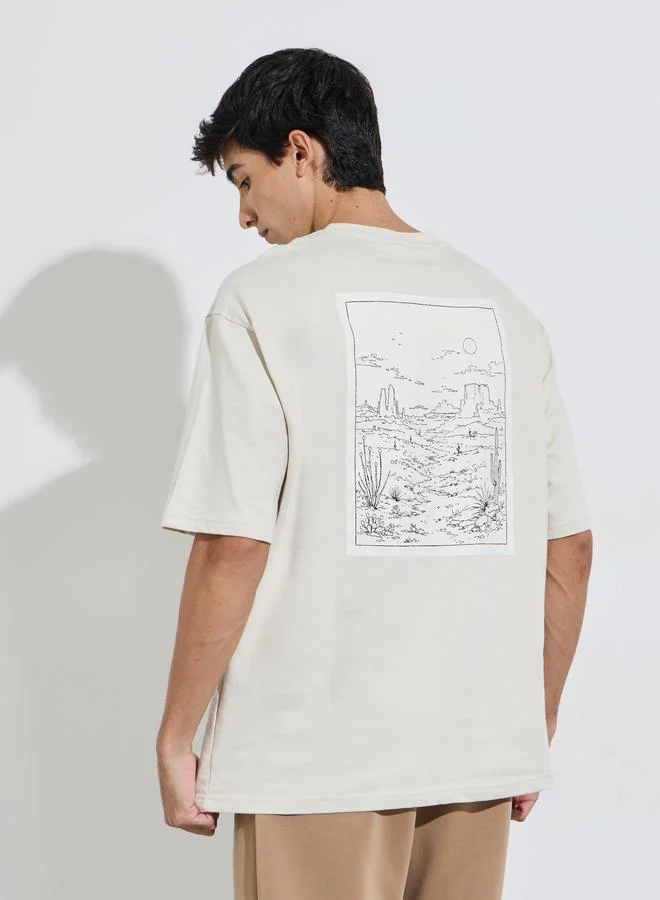 Styli  Grey Graphic Print Crew Neck Oversized T-Shirt for Men | Best Price UAE