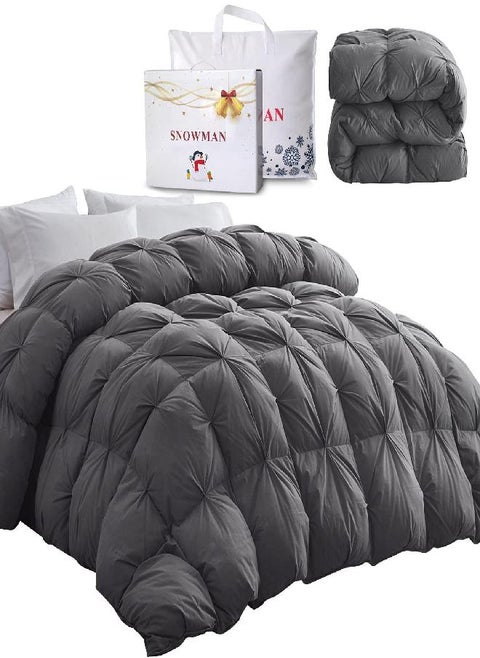 SNOWMAN All-Season 75% Down Comforter Queen Size, Pinch Pleat Duvet Insert with 8 Corner Tabs, Medium Warm Bed Comforter, Soft and Durable Down Proof Cotton Blended Fabric (Grey, 90"x90")