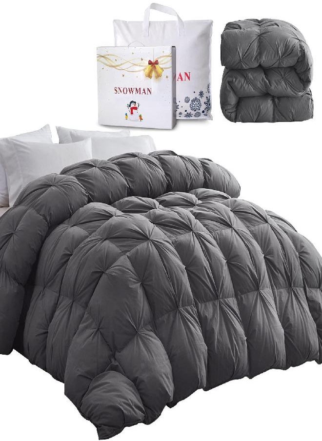 SNOWMAN All-Season 75% Down Comforter Queen Size, Pinch Pleat Duvet Insert with 8 Corner Tabs, Medium Warm Bed Comforter, Soft and Durable Down Proof Cotton Blended Fabric (Grey, 90"x90")