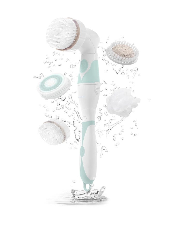 Brookstone Multi Face and Body Cleansing Brush Set | 4 Interchangeable Brush Heads | Rotating Technology for Deep Cleansing | Waterproof Design | White/Mint - Image 1