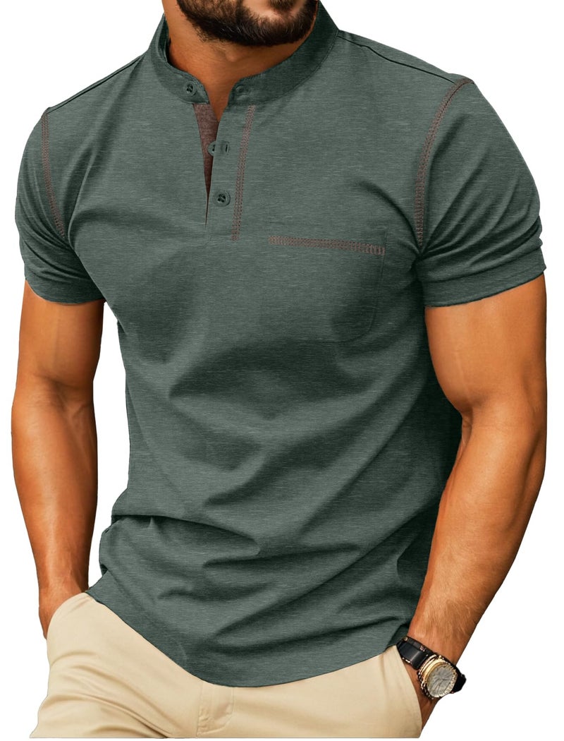 Sailwind Mens Henley Shirts Short Sleeve Summer Casual Classic Cotton T Shirts Pocket Button Shirt Green - Image 1