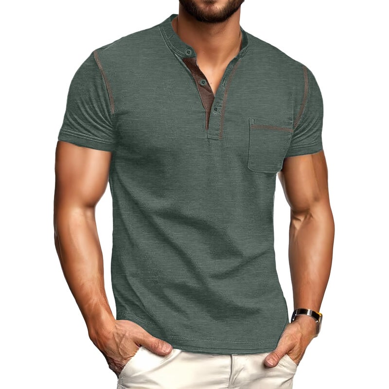 Sailwind Mens Henley Shirts Short Sleeve Summer Casual Classic Cotton T Shirts Pocket Button Shirt Green - Image 2