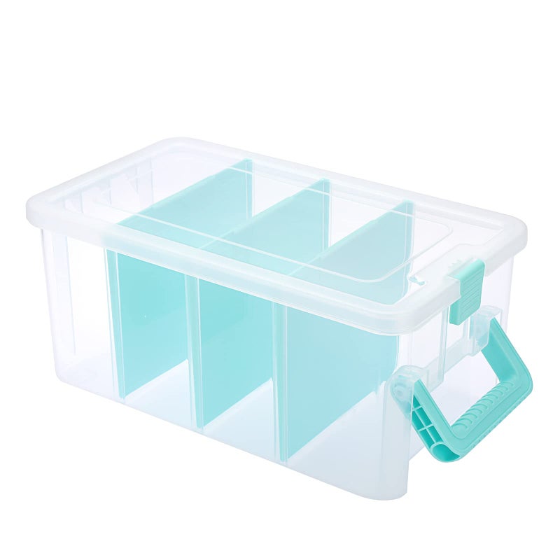 BTSKY Clear Plastic Dividing Storage Box with 4 Deep Compartments Adjustable Storage Bin with Lid Portable Craft Storage Container Multipurpose Sewing Box Art Supply Organizer, 13.9x7.9x6.2 Inches - Image 1