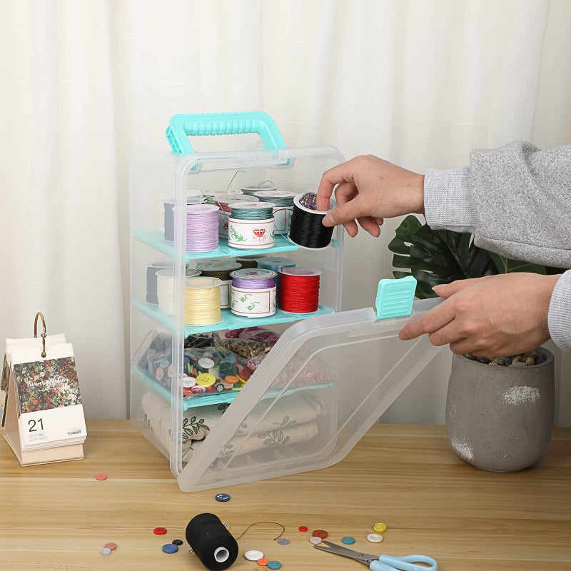 BTSKY Clear Plastic Dividing Storage Box with 4 Deep Compartments Adjustable Storage Bin with Lid Portable Craft Storage Container Multipurpose Sewing Box Art Supply Organizer, 13.9x7.9x6.2 Inches - Image 2