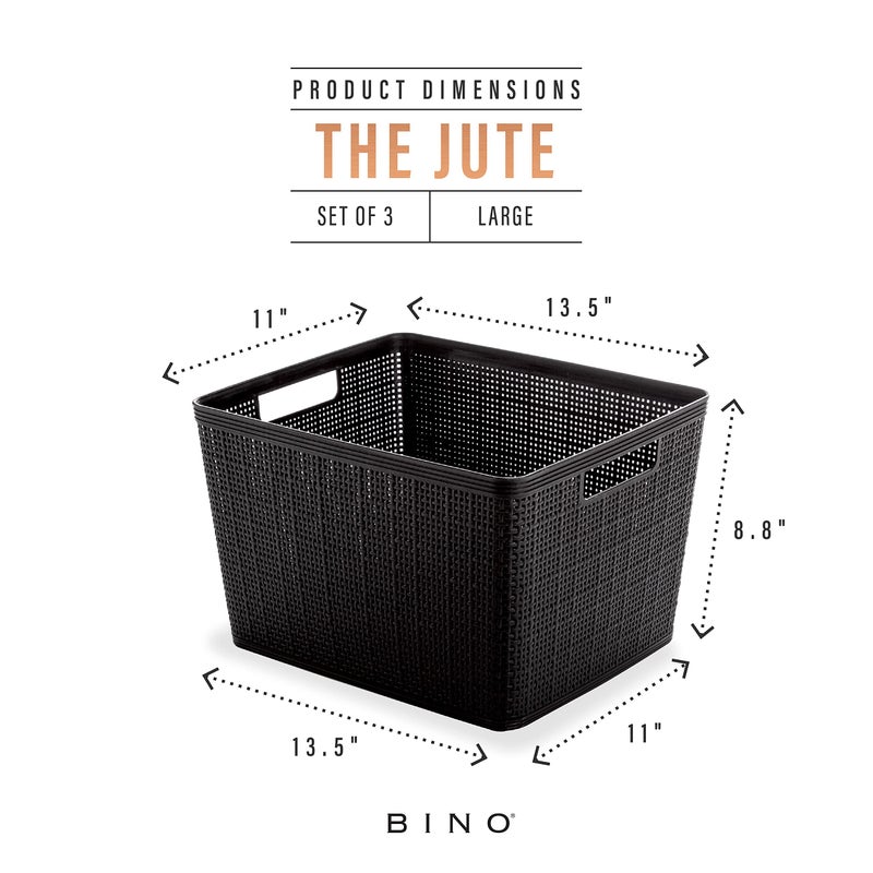 BINO | Woven Plastic Basket | Large (Black), 3-Pack | THE JUTE COLLECTION | Home Organization, Space - Saving Storage, Stylish Design | Jute Basket | Plastic Storage Basket - Image 3