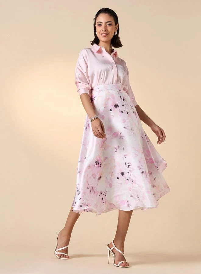 Iconic Iconic Floral Print Midi Skirt with Zip Closure