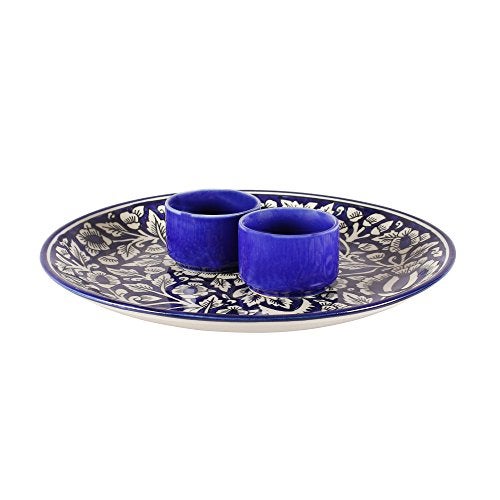 miah decor MDCF47 Ceramic Designer Platter with Attached Bowl, Intricate Mughal Design: Blue and White Color - Image 4