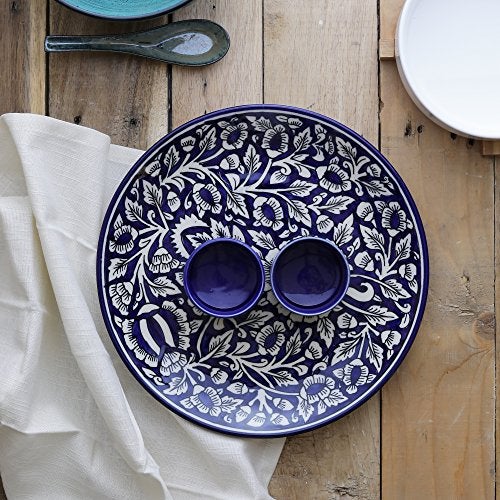 miah decor MDCF47 Ceramic Designer Platter with Attached Bowl, Intricate Mughal Design: Blue and White Color - Image 1
