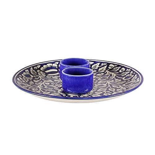 miah decor MDCF47 Ceramic Designer Platter with Attached Bowl, Intricate Mughal Design: Blue and White Color - Image 2