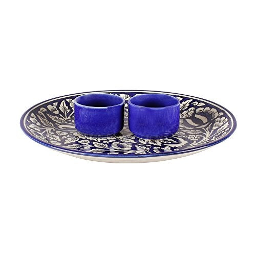 miah decor MDCF47 Ceramic Designer Platter with Attached Bowl, Intricate Mughal Design: Blue and White Color - Image 3