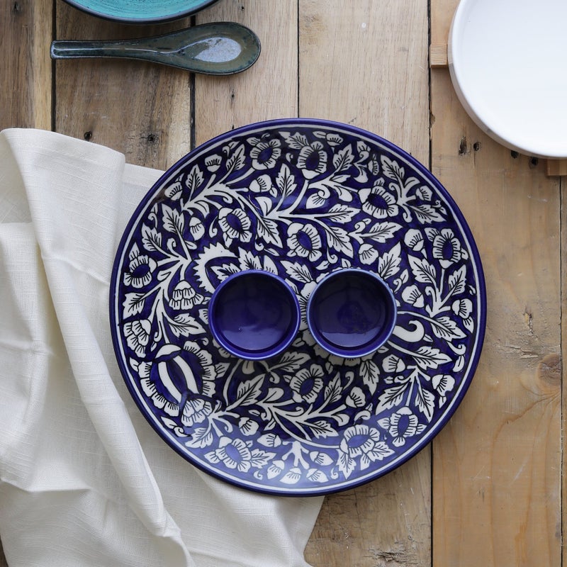 miah decor MDCF47 Ceramic Designer Platter with Attached Bowl, Intricate Mughal Design: Blue and White Color - Image 5
